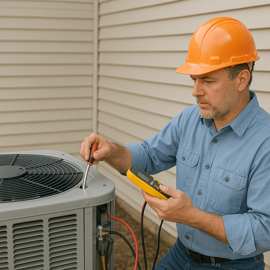 HVAC technician performing spring tune-up on outdoor unit