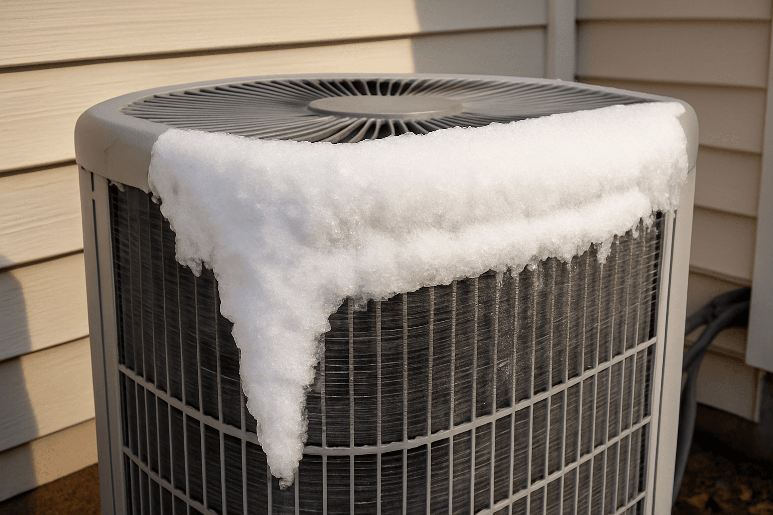 Frozen AC unit coils with ice buildup; HVAC technician inspecting a frozen AC unit in Colorado; Diagram showing causes of a frozen AC unit