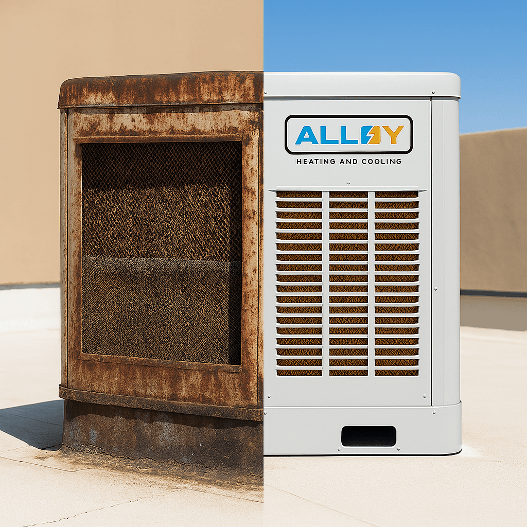 Split image showing an old, worn-out swamp cooler next to a new, energy-efficient swamp cooler featuring the Alloy Heating and Cooling logo.