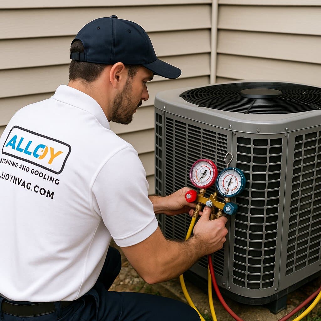 Technician performing air conditioning service in Colorado