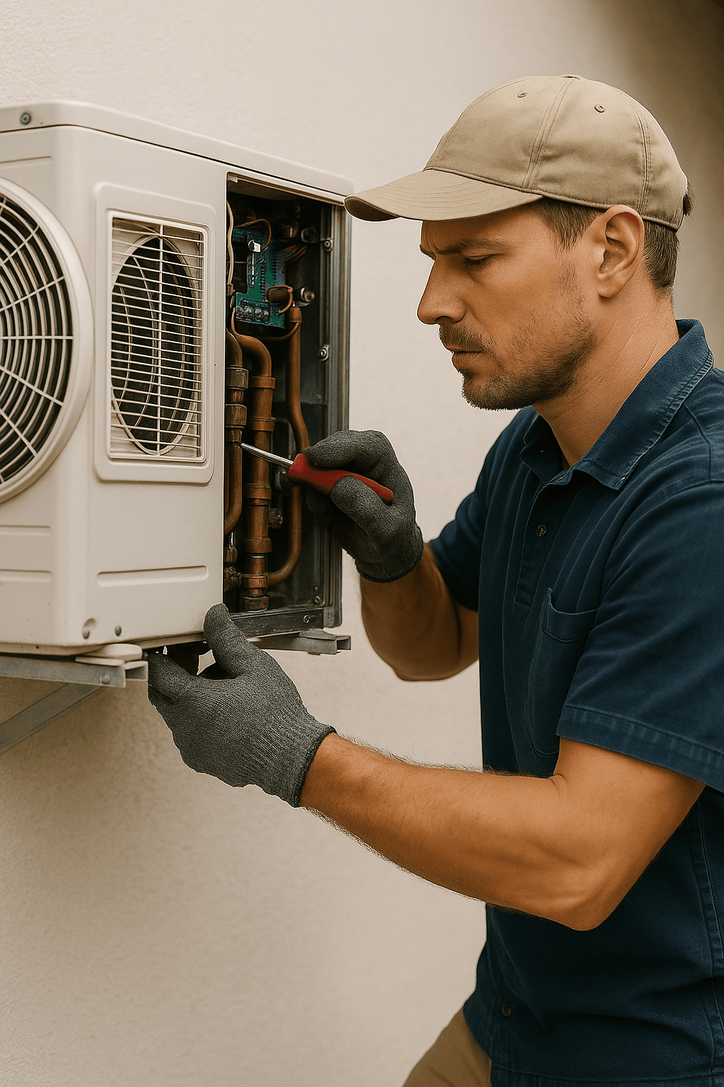 HVAC technician installing central AC unit in Centennial