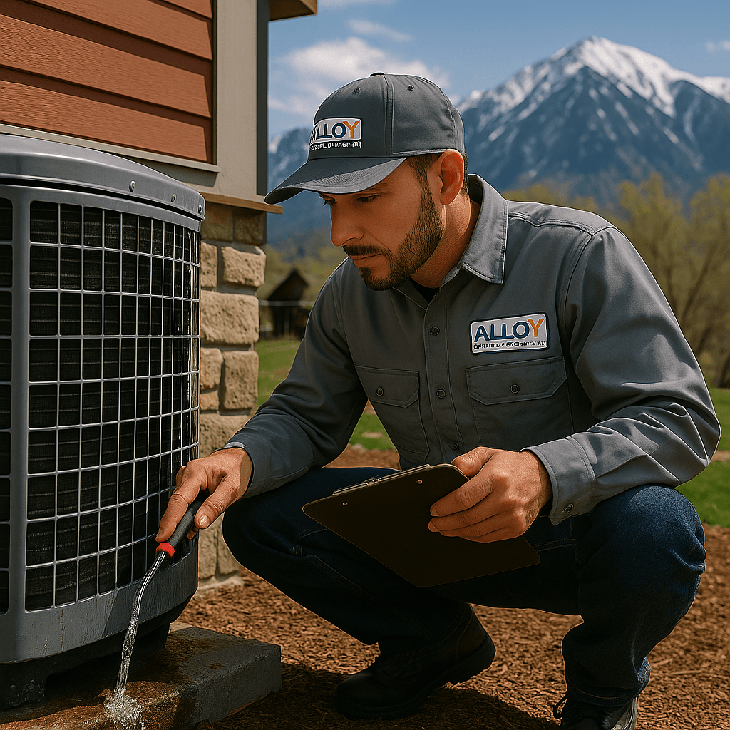 HVAC technician inspecting a leaking air conditioning unit in a Colorado home