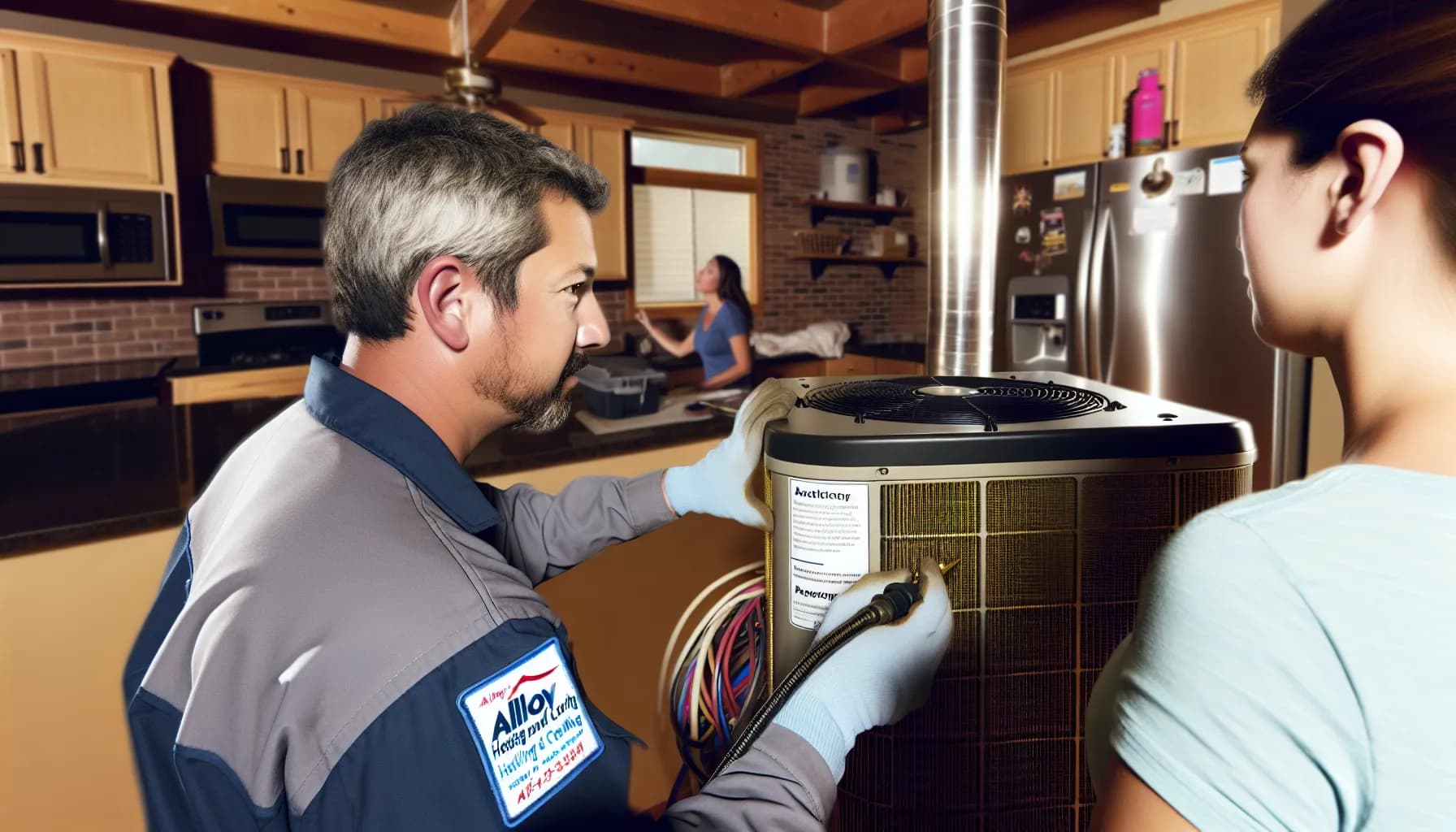 Technician performing HVAC maintenance on a home system