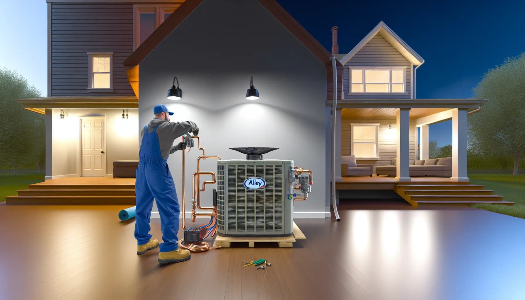 Technician performing HVAC maintenance on a home system