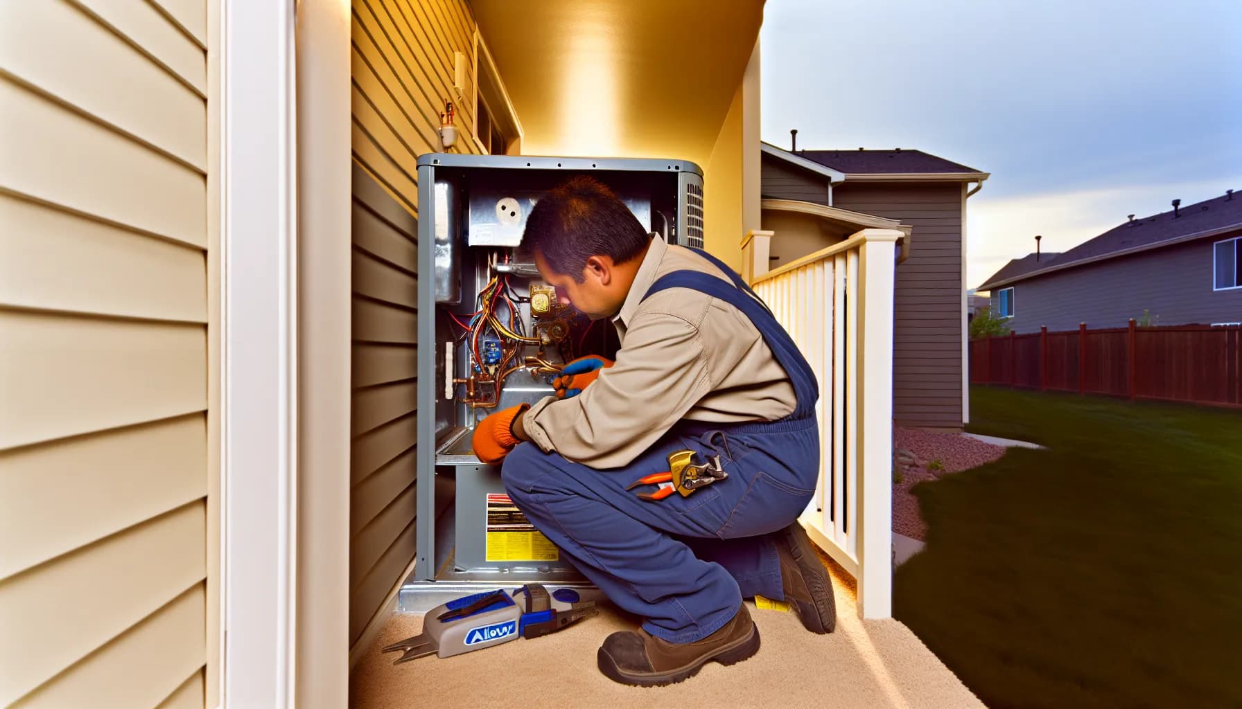 Technician performing emergency HVAC repair in a Colorado home