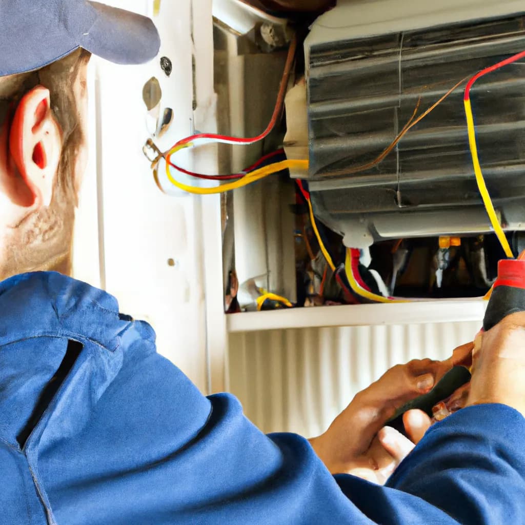 Technician performing HVAC maintenance on outdoor unit