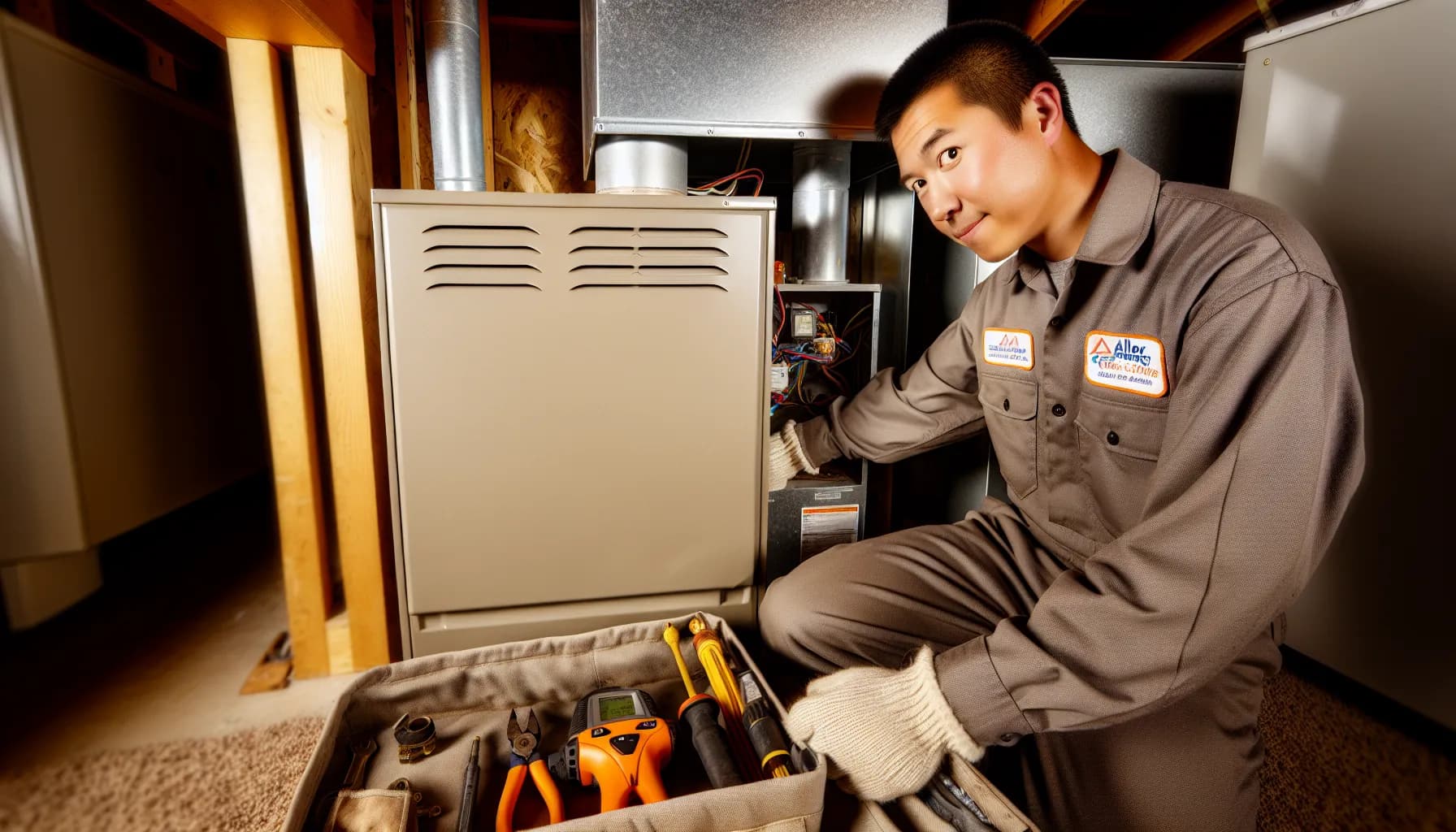 Technician performing HVAC maintenance on a residential furnace