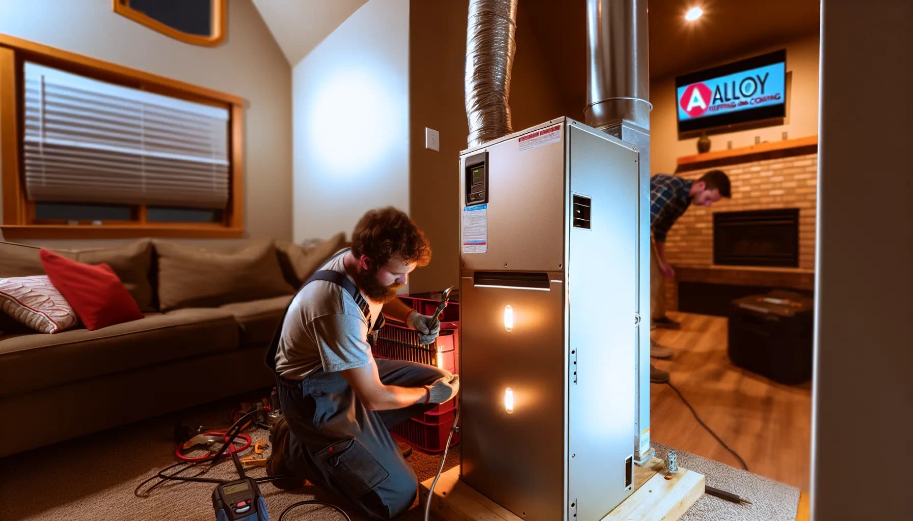 HVAC technician performing maintenance on a residential unit