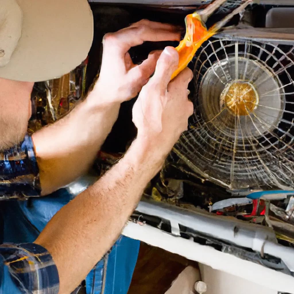 Technician performing spring HVAC tune-up on residential unit