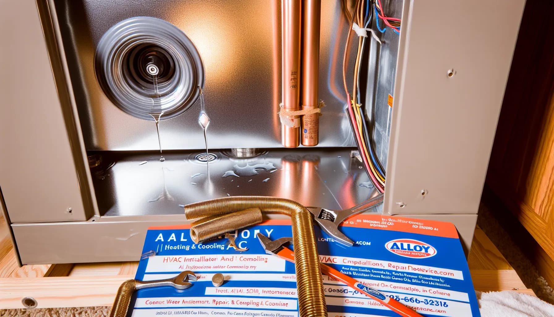 Technician inspecting HVAC unit for water leaks