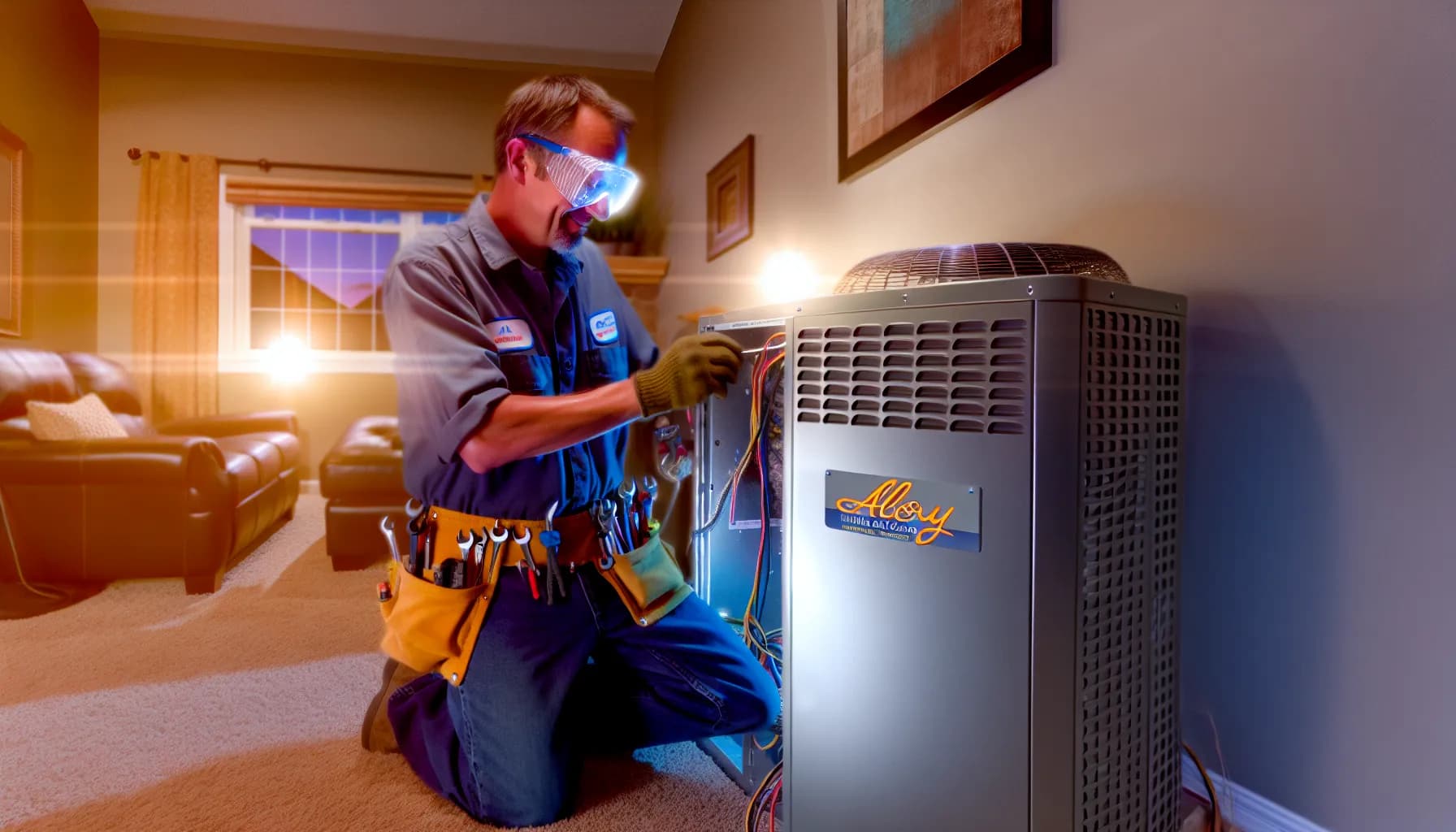 Technician performing HVAC maintenance on outdoor unit