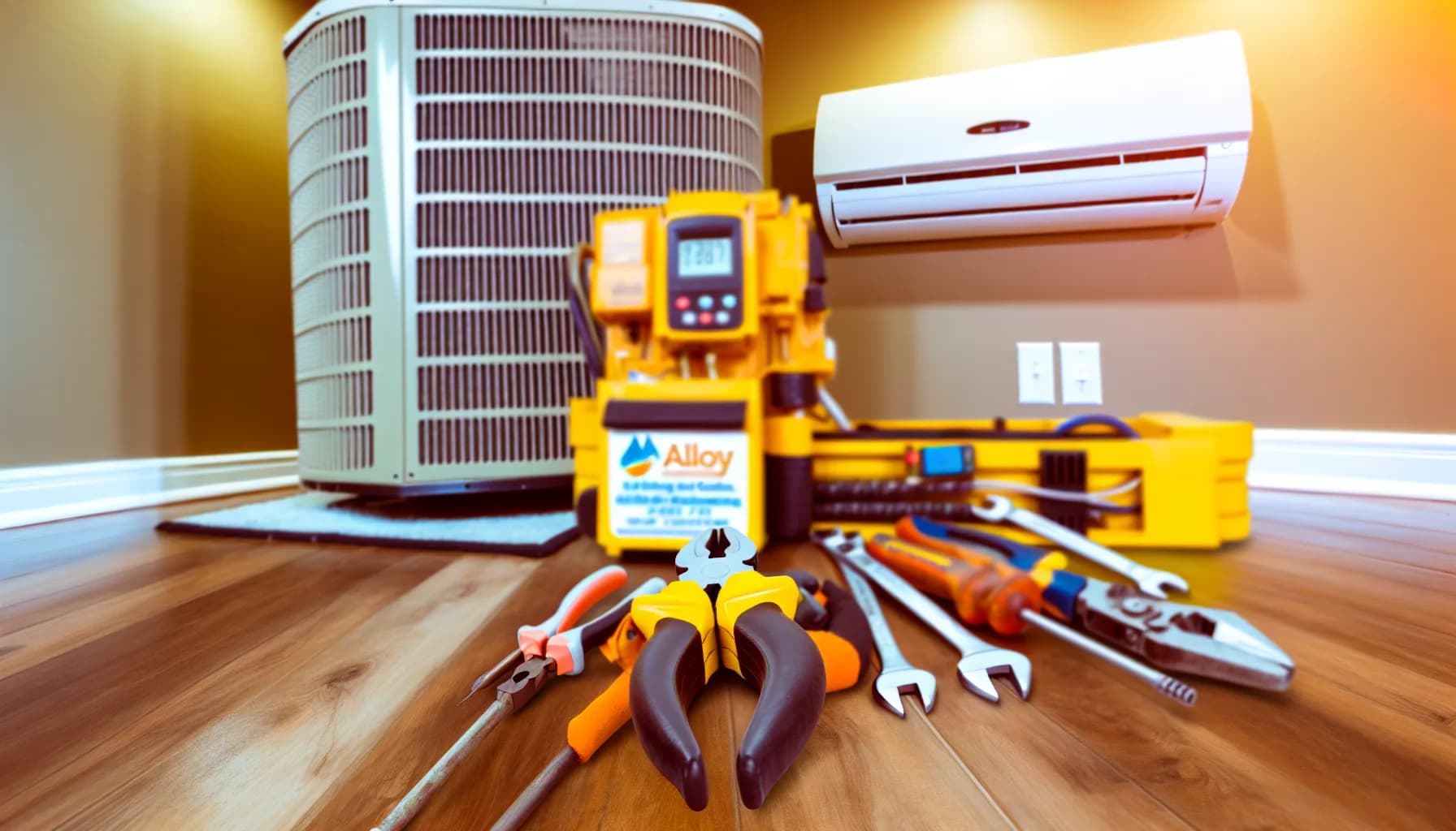 Technician performing HVAC maintenance on outdoor unit