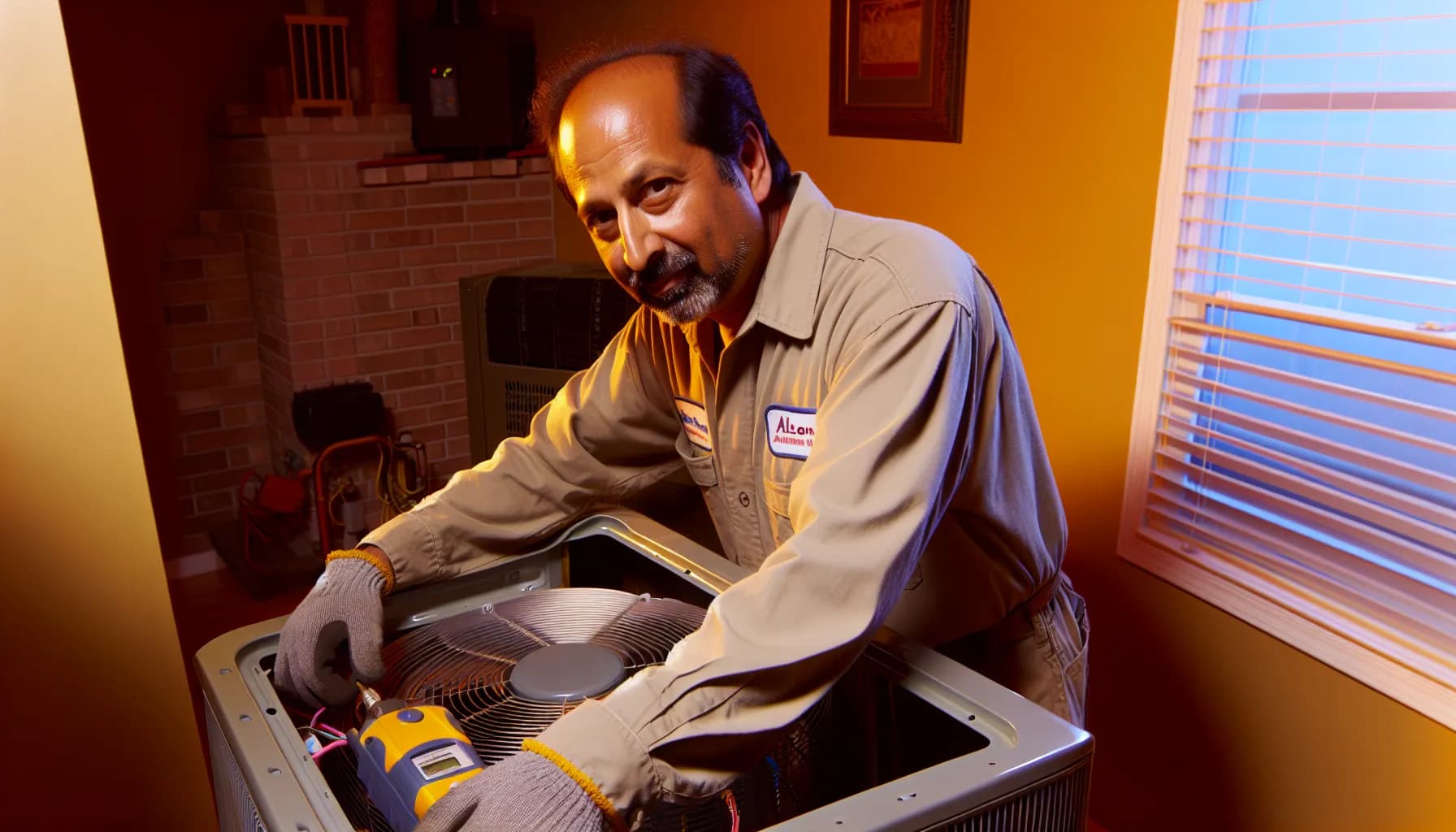 Technician servicing a residential HVAC system for energy efficiency