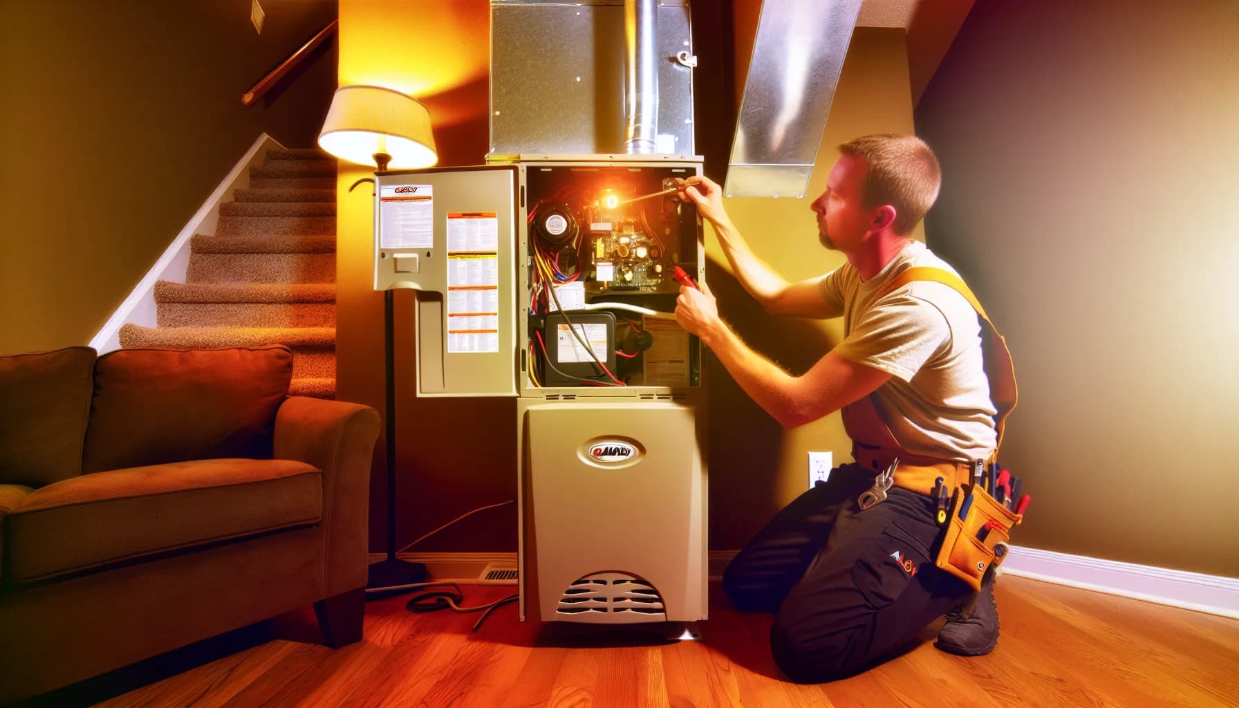 Technician troubleshooting a central heating furnace