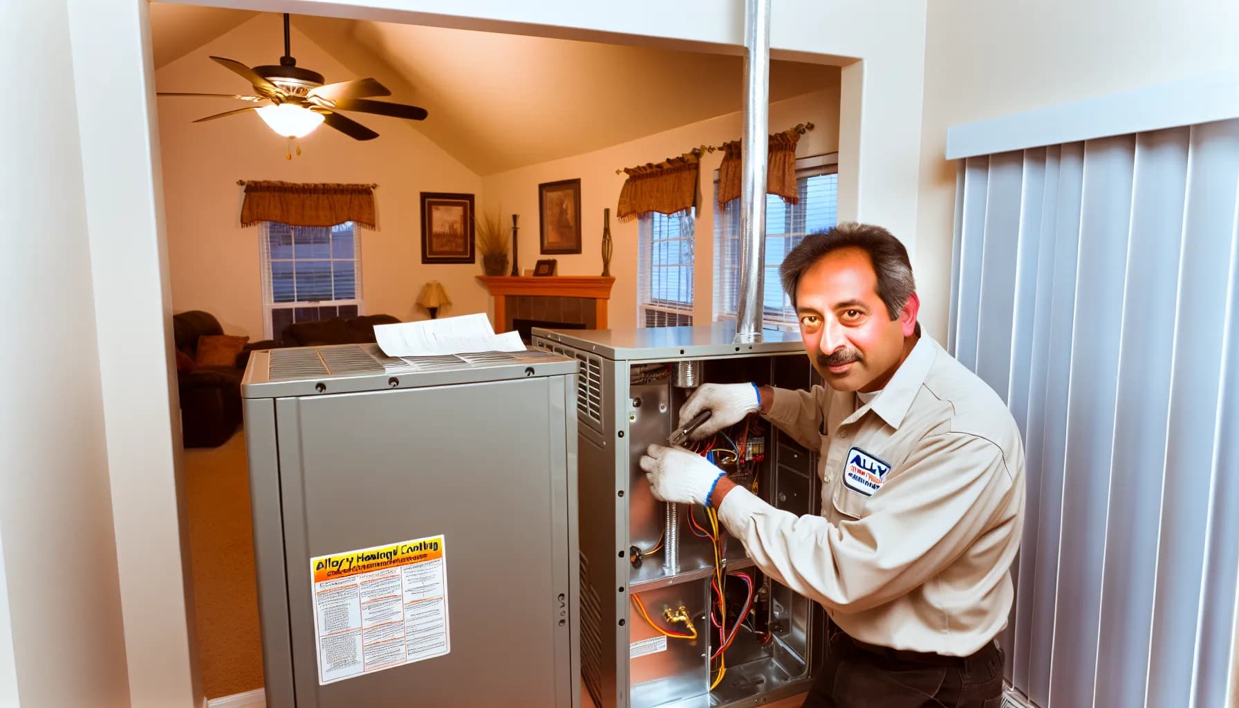 Technician performing HVAC maintenance on a residential unit