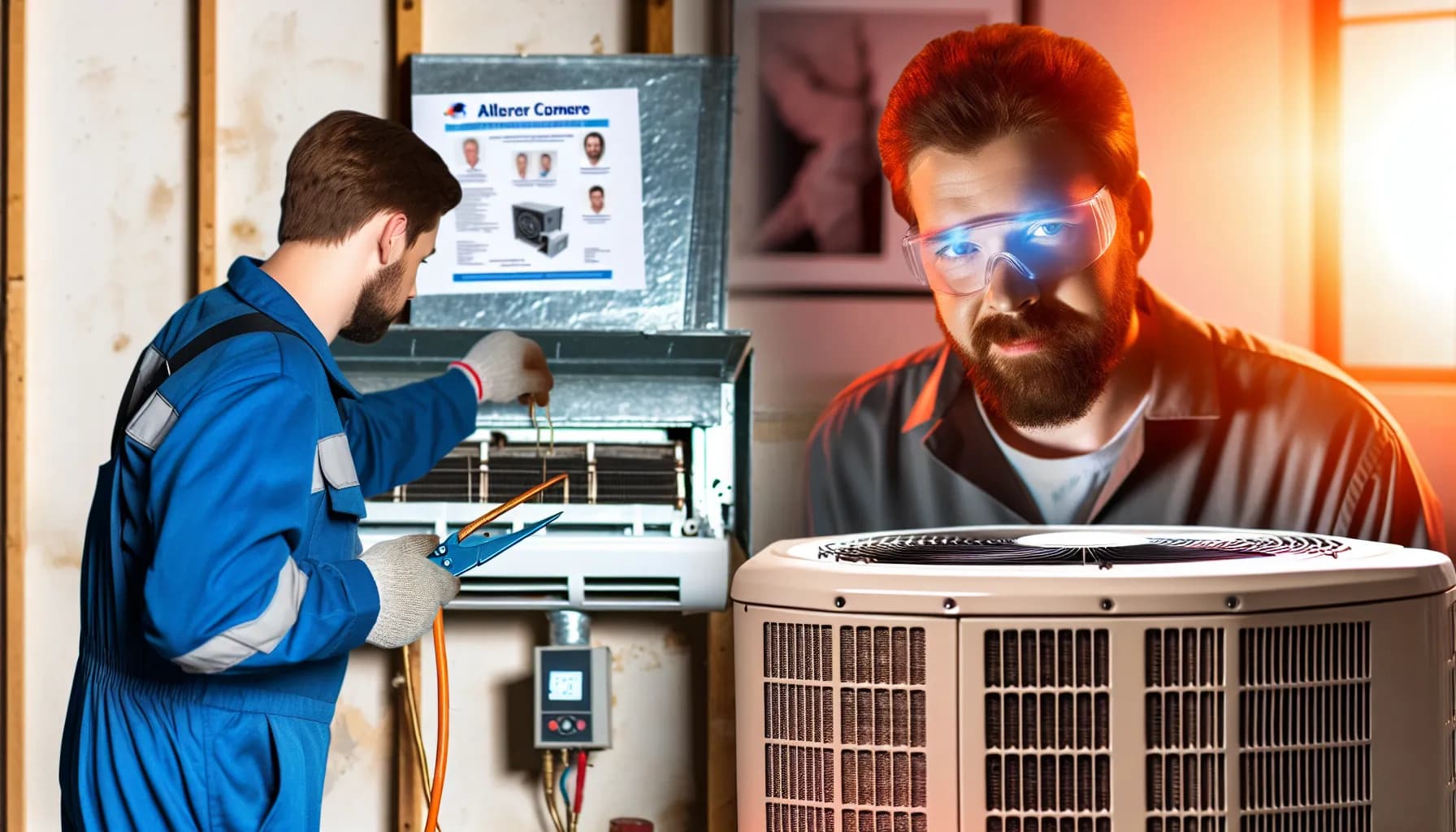 Technician performing HVAC maintenance on a home air conditioner unit