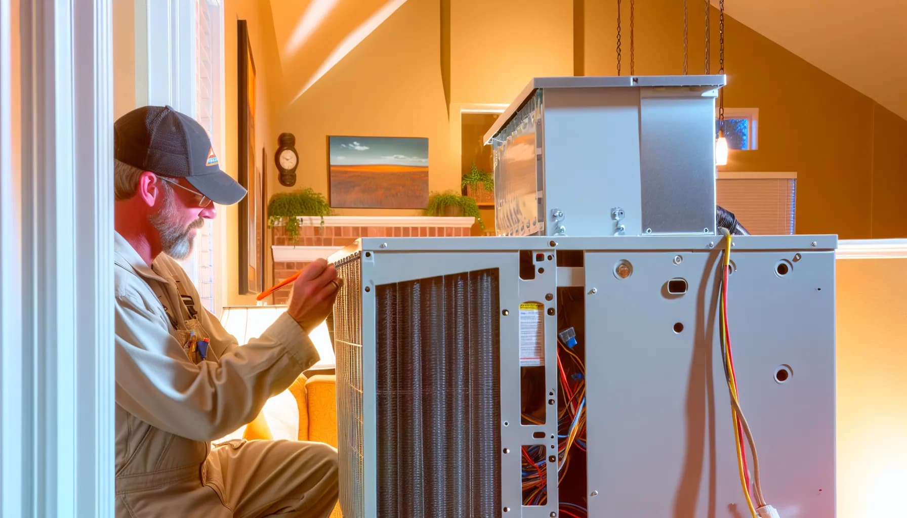 Technician performing HVAC maintenance on outdoor AC unit