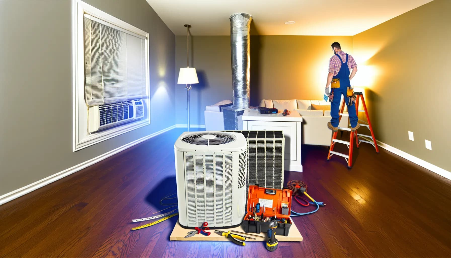 Technician performing HVAC maintenance on residential unit