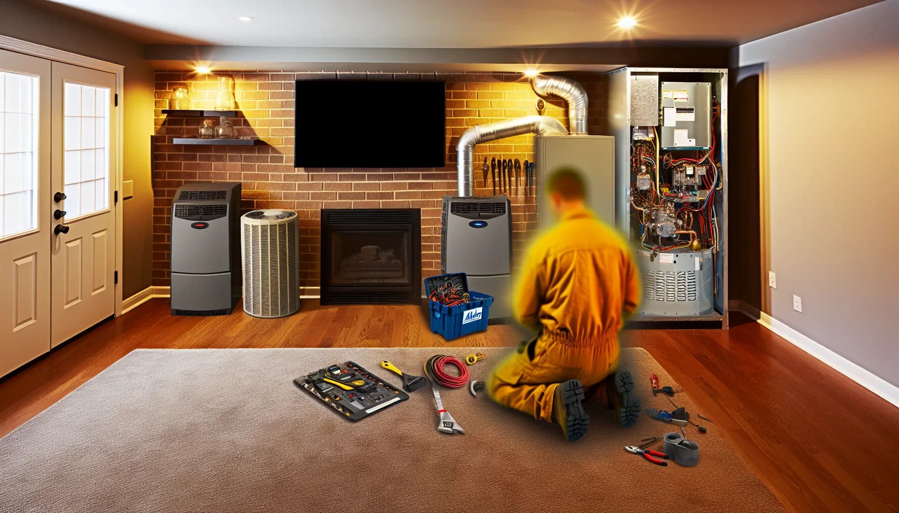 Technician repairing a central heating furnace in a Colorado home