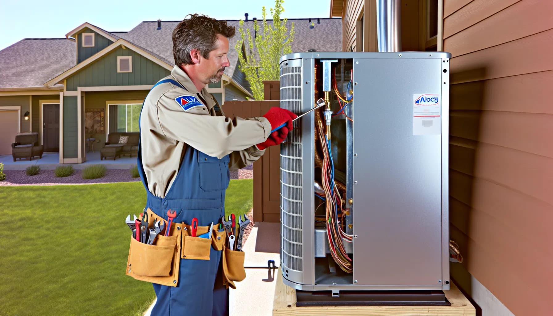 Technician optimizing residential HVAC system for energy efficiency