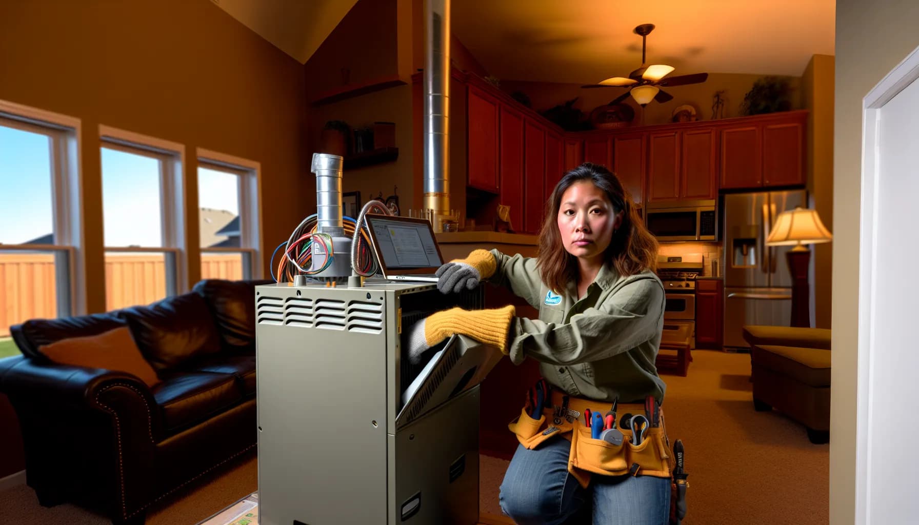 Technician inspecting a furnace for carbon monoxide leaks