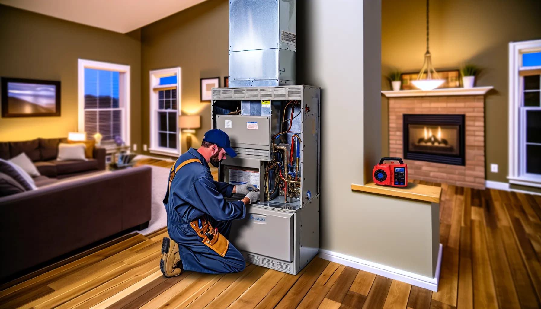 Technician checking furnace for carbon monoxide leaks