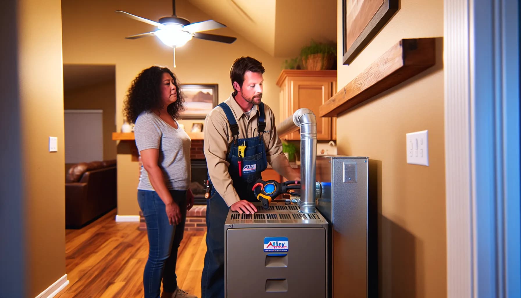 Technician inspecting a furnace for carbon monoxide leaks in a Colorado home