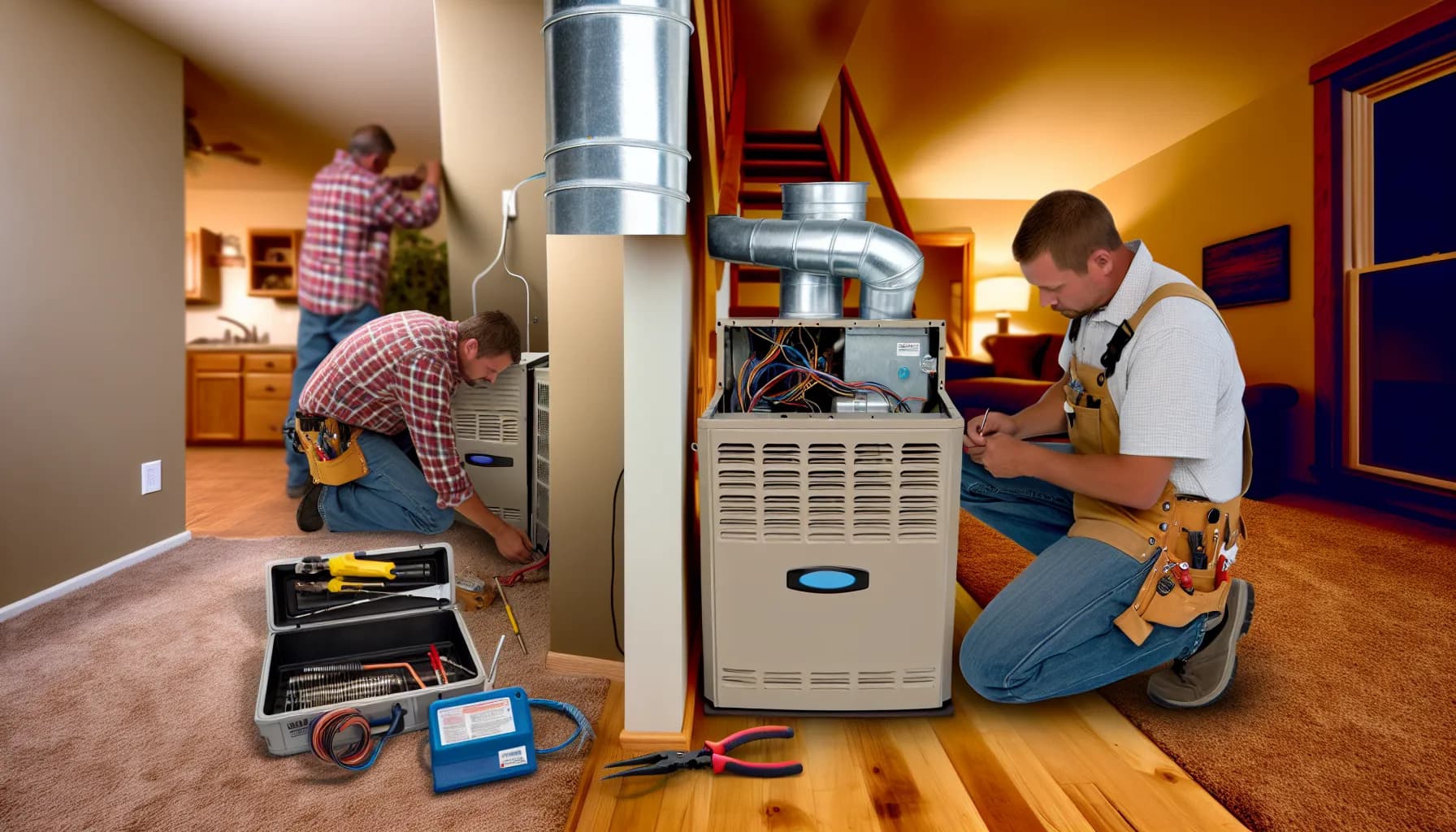 Technician inspecting a furnace for carbon monoxide leaks