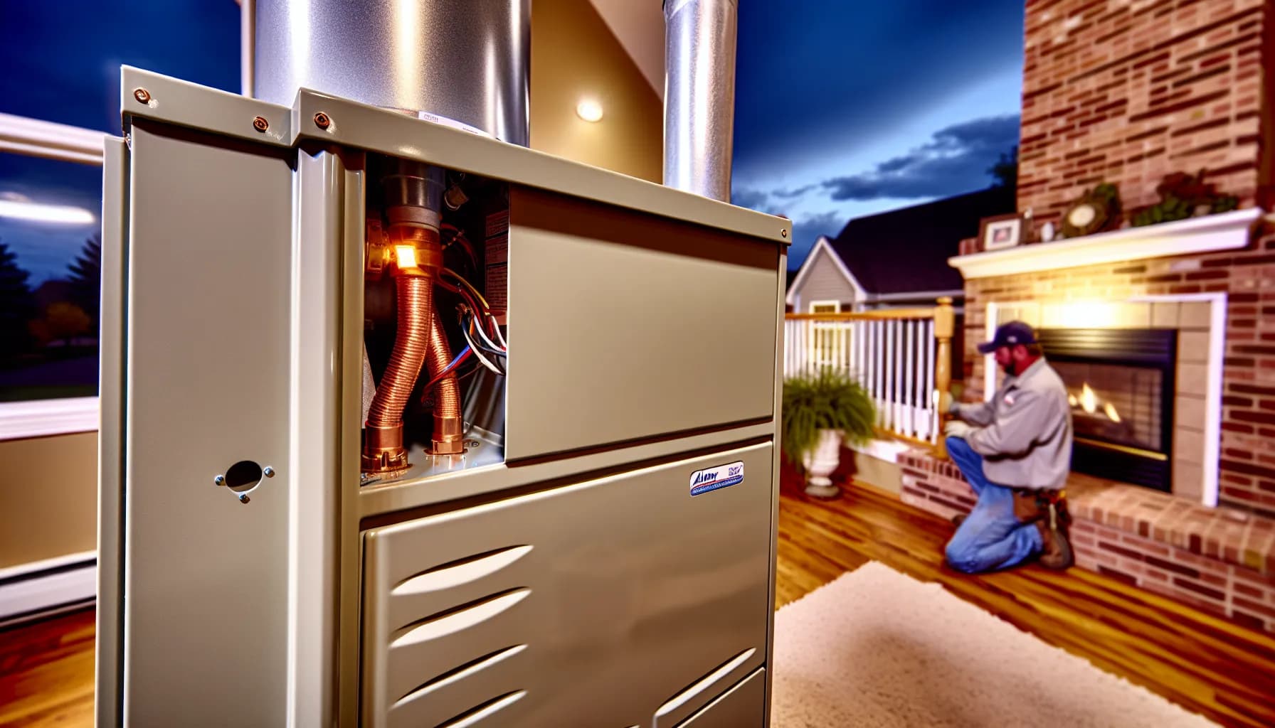 Technician inspecting a furnace for carbon monoxide leaks