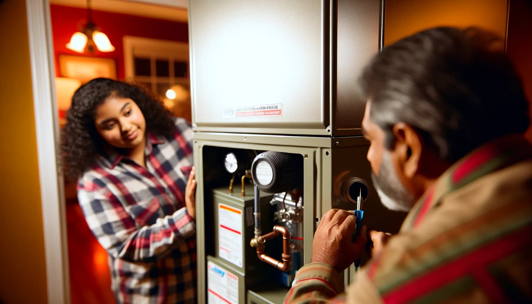 Technician inspecting furnace for carbon monoxide leaks