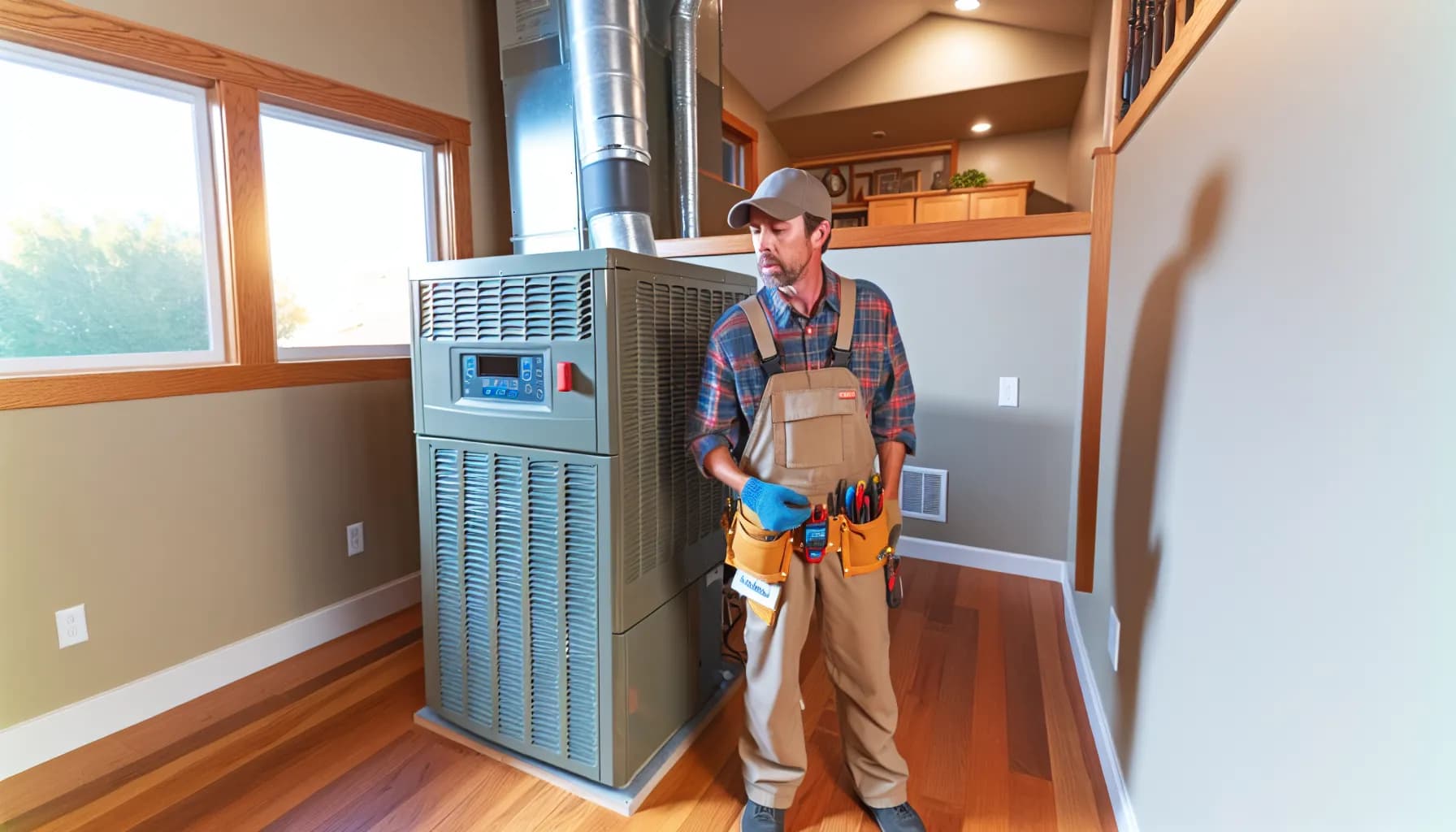 Technician repairing central heating system in a Colorado home