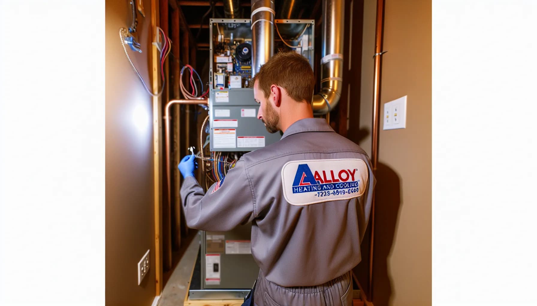 Technician repairing central heating system in Colorado home