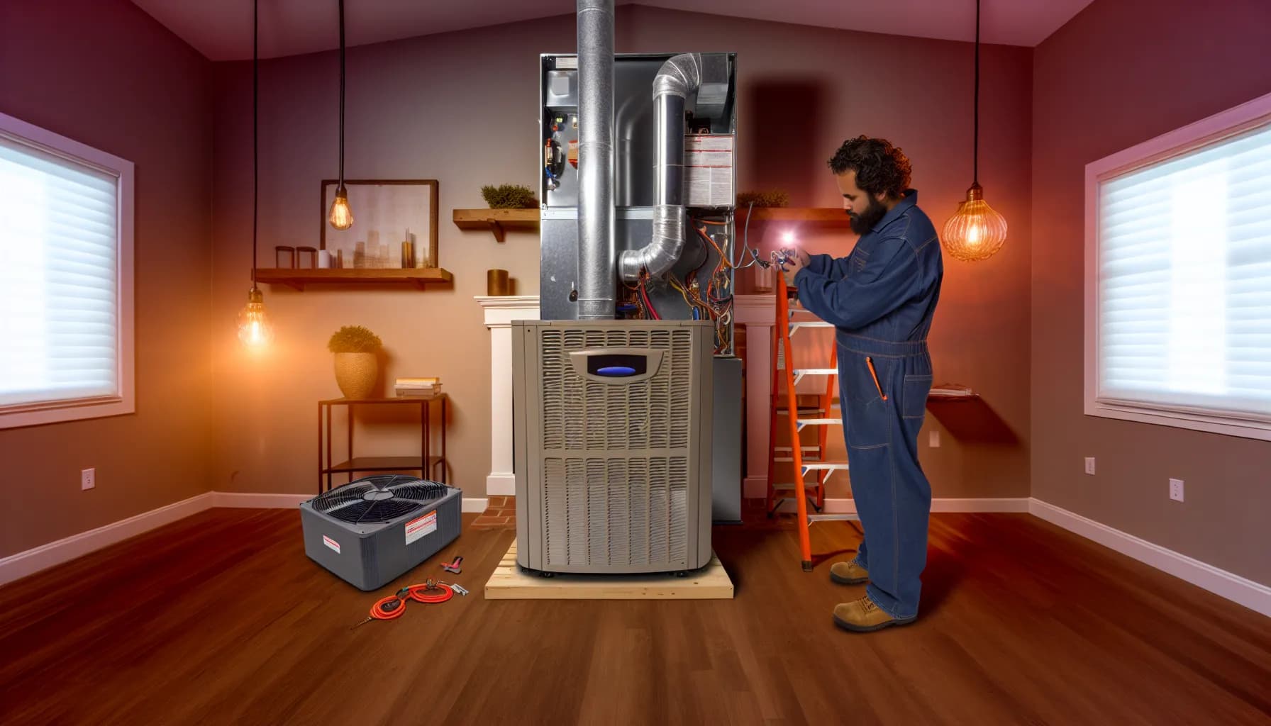 Technician inspecting a central heating system in a Colorado home