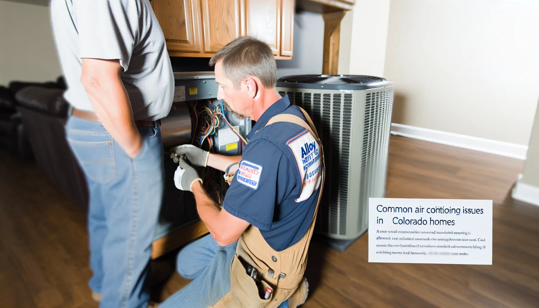 HVAC technician checking air conditioner for warm air issues