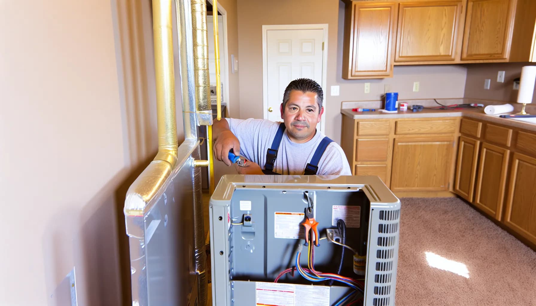 Technician installing a new HVAC system in a Colorado Springs home