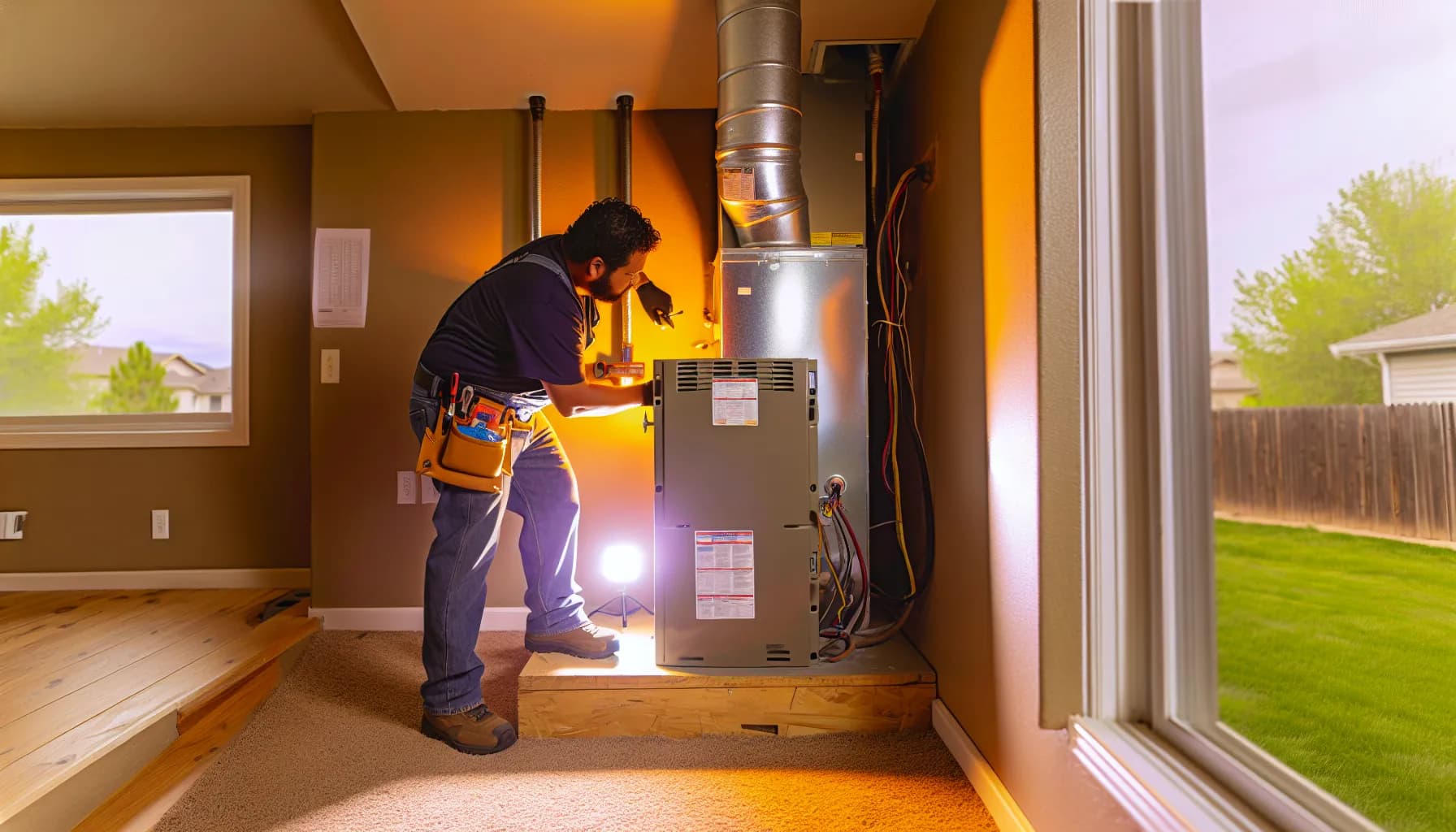 HVAC technician installing heating and cooling system in Colorado home