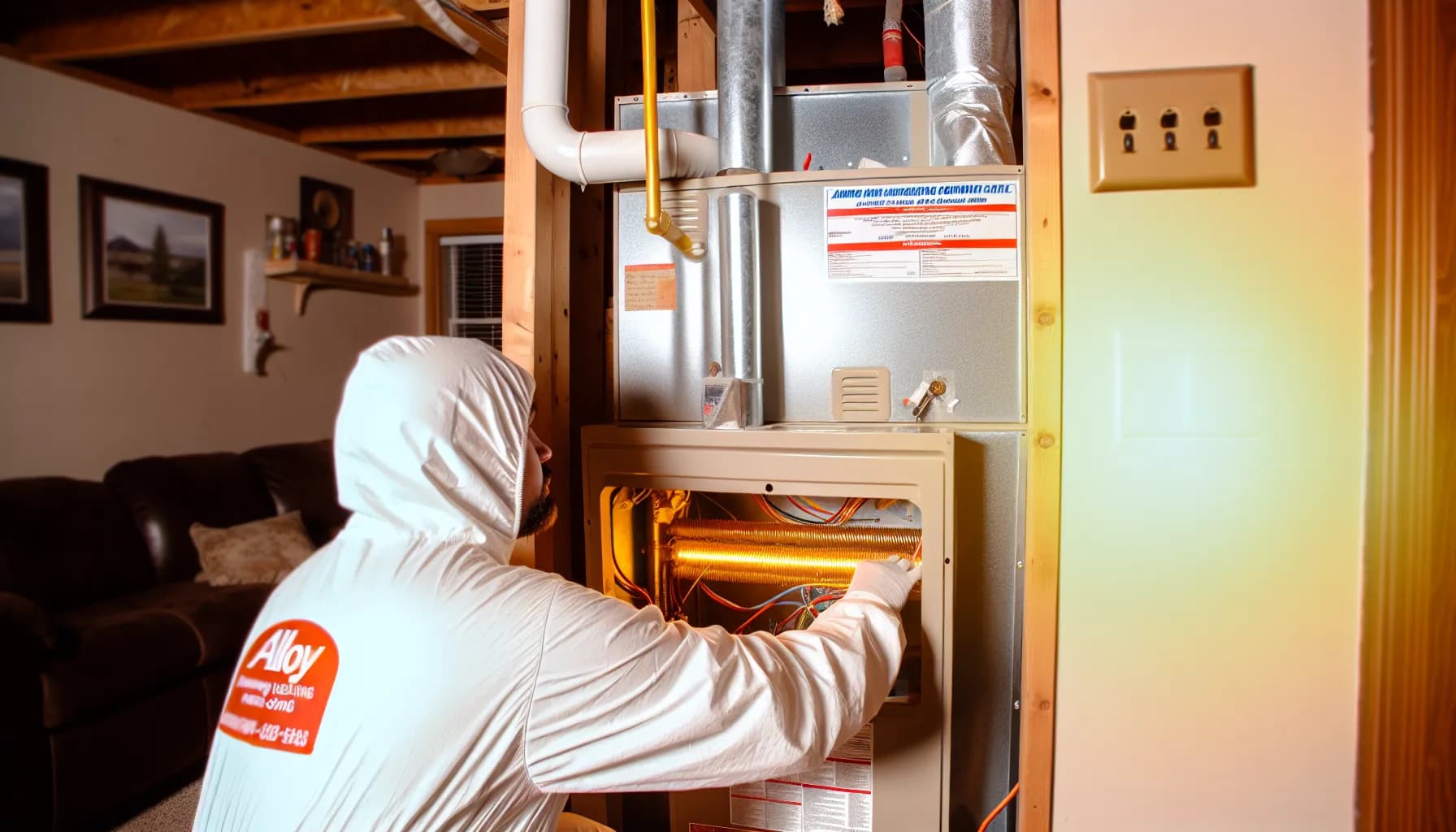 Technician inspecting a furnace for carbon monoxide safety in Colorado home