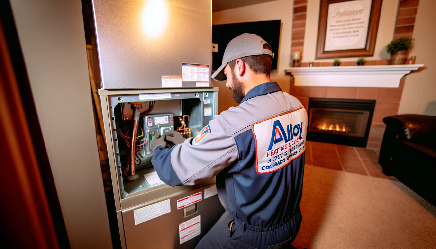 Technician inspecting a furnace in a Colorado Springs home