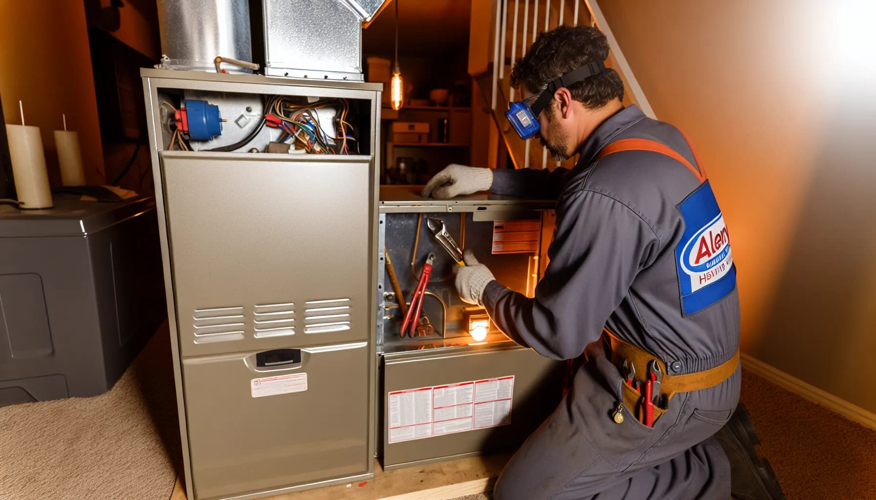 Technician performing furnace repair in Colorado Springs home
