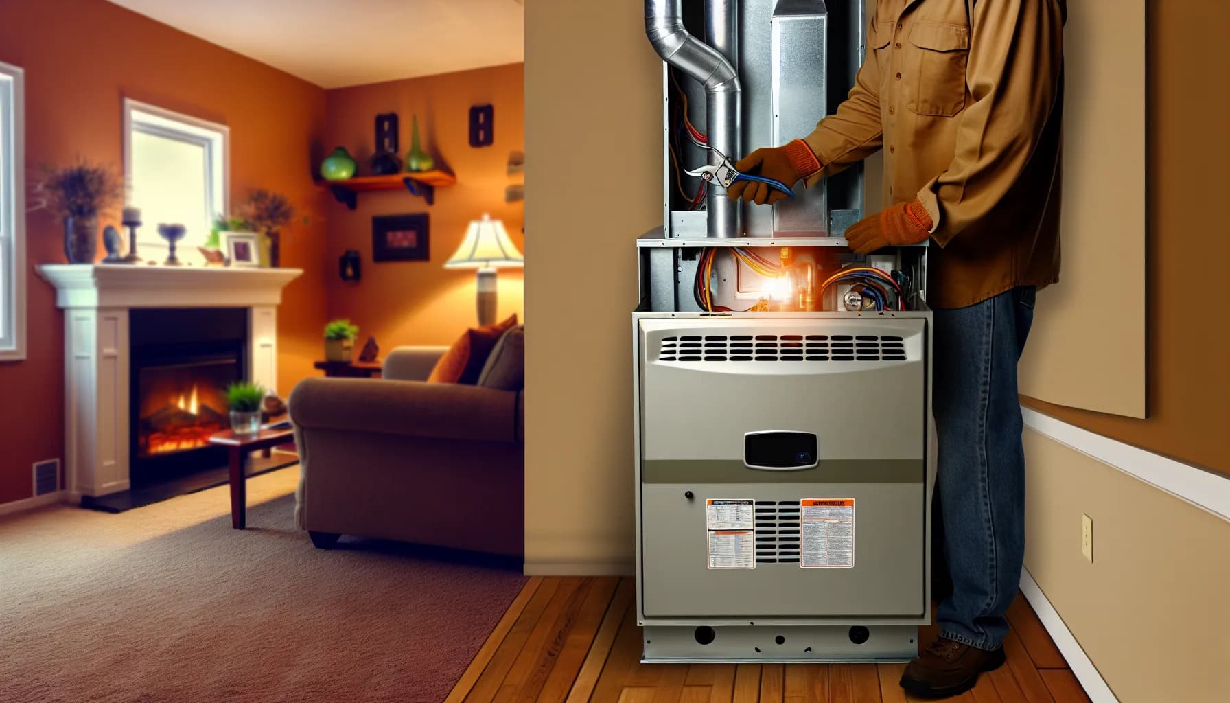 Technician inspecting a furnace for carbon monoxide leaks