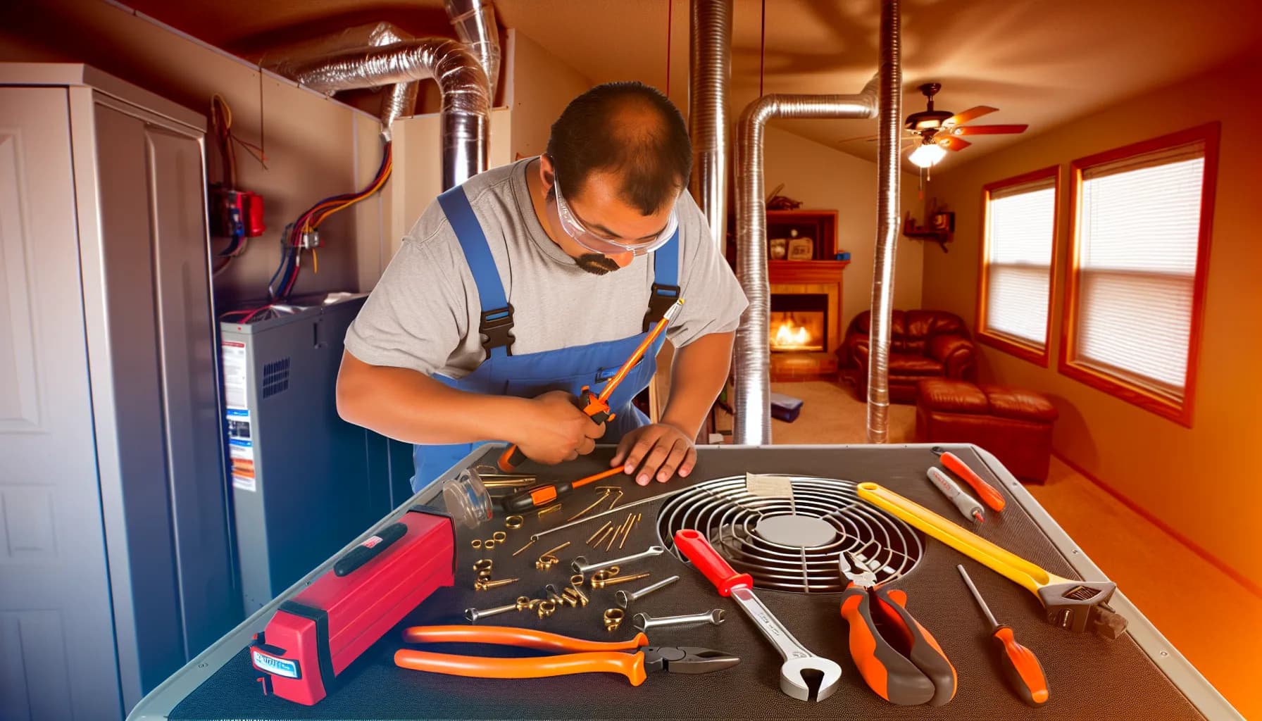 Technician inspecting home air conditioner for warm air issues