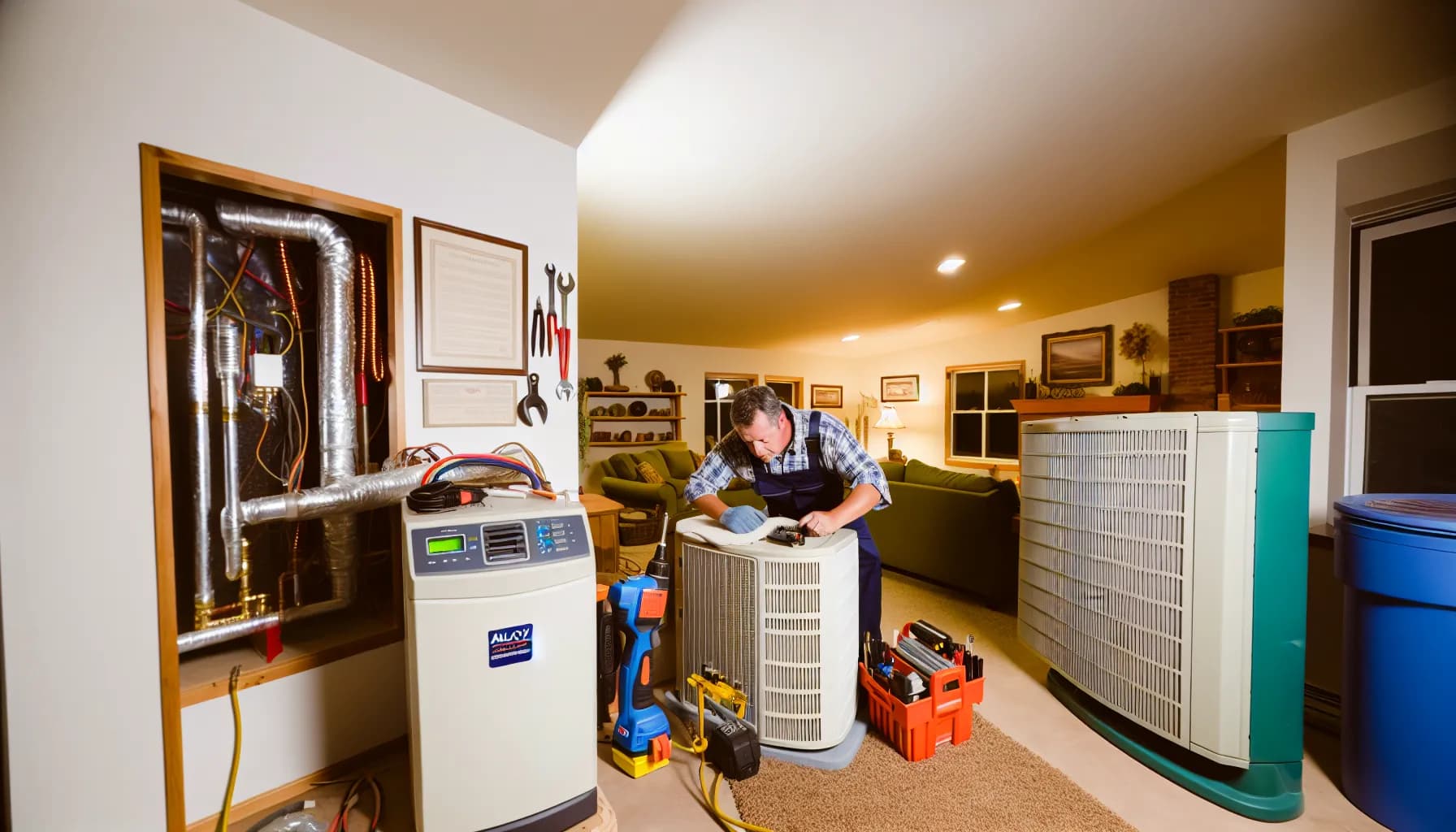 Technician performing HVAC maintenance on a home furnace
