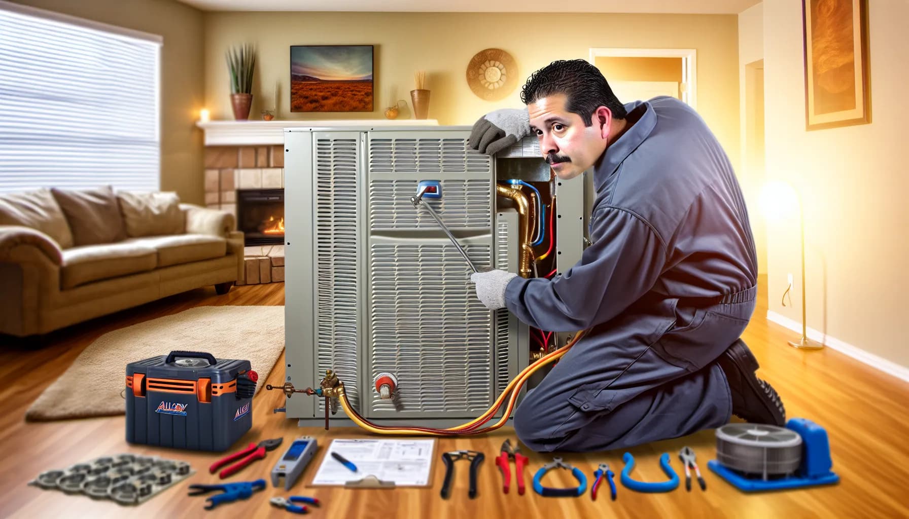 Technician inspecting a central heating furnace in a Colorado home