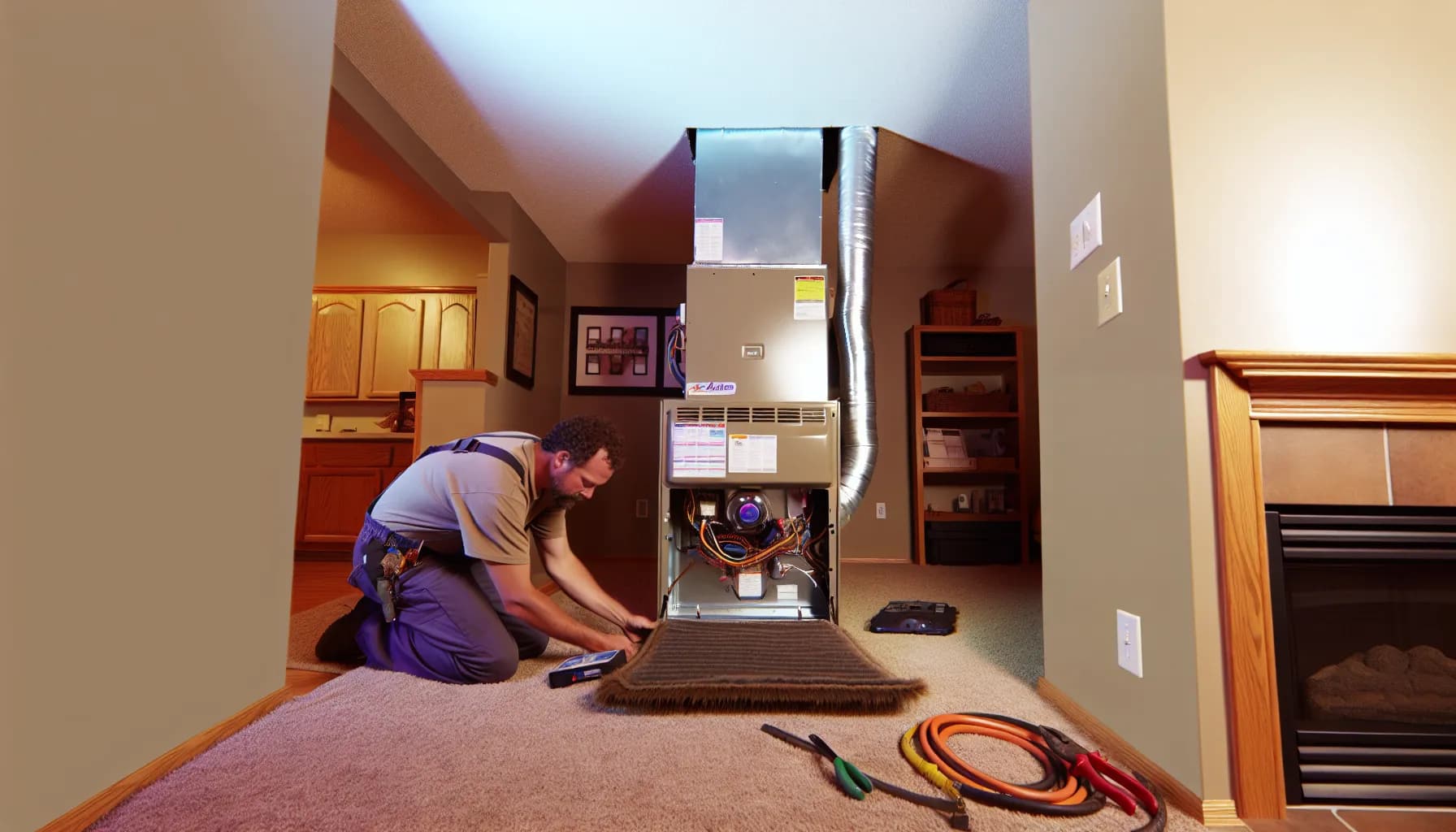 Technician checking furnace for carbon monoxide leaks