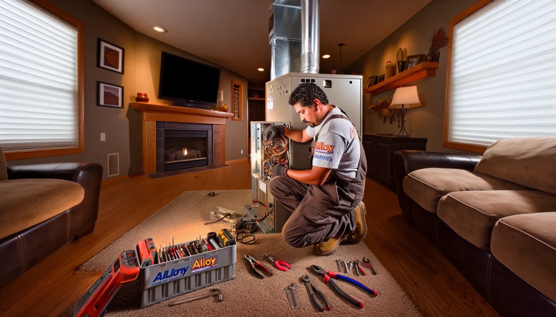 Technician performing HVAC maintenance on a furnace in Colorado Springs home